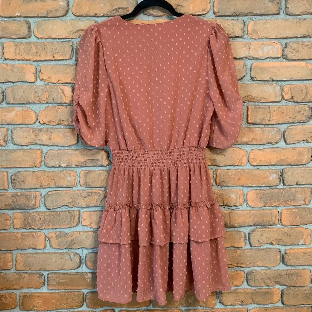 Altar'd State Mini Dress Swiss Dot Chiffon Puff Sleeves Tiered Ruffle Hem Size S - Image 5