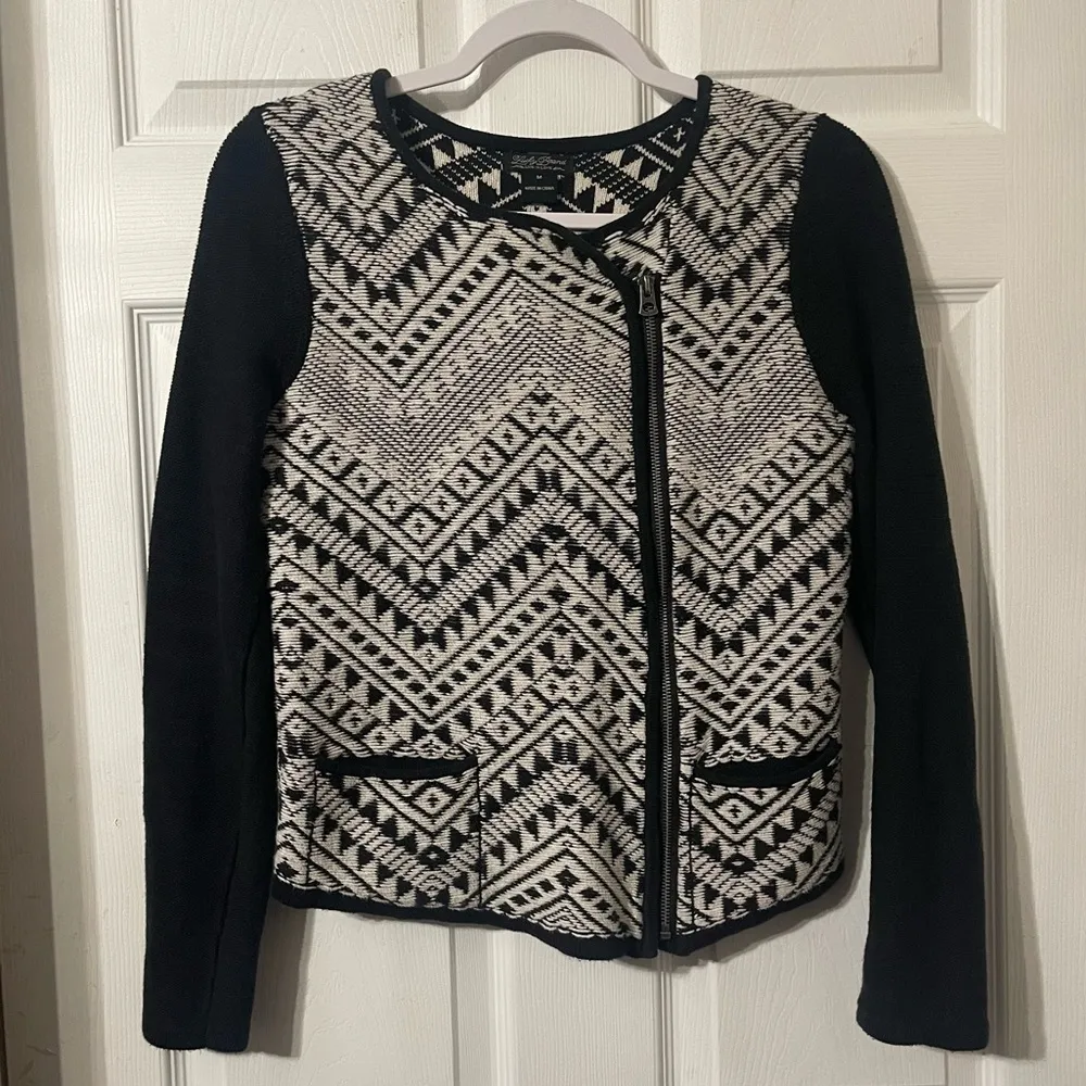 Lucky Brand Moto Jacket Aztec Tribal Print Asymmetric Zipper Black White Medium - Image 2