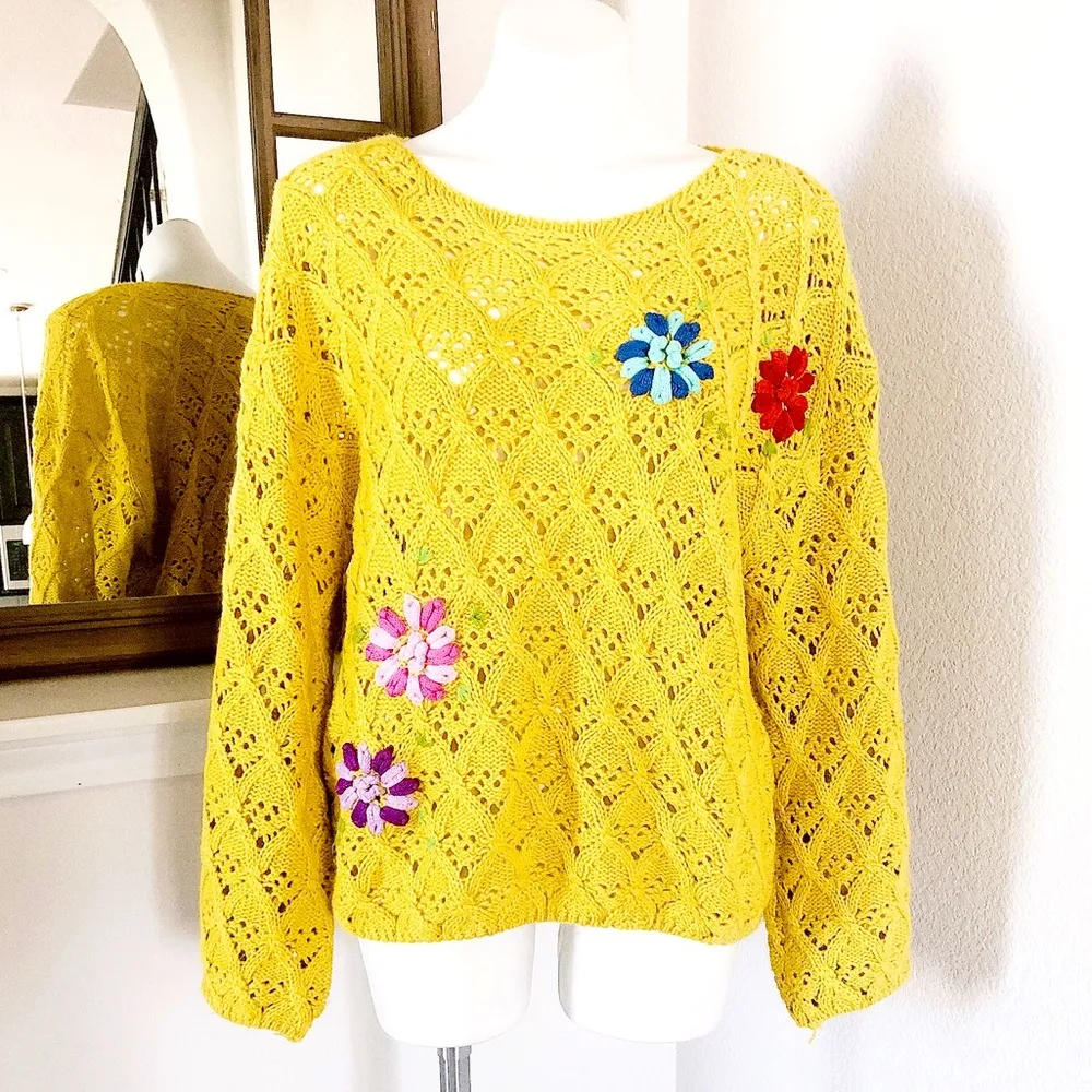 V. Christina Crochet Knit Sweater Floral Dijon Yellow Size S NWT $134.00 - Image 10