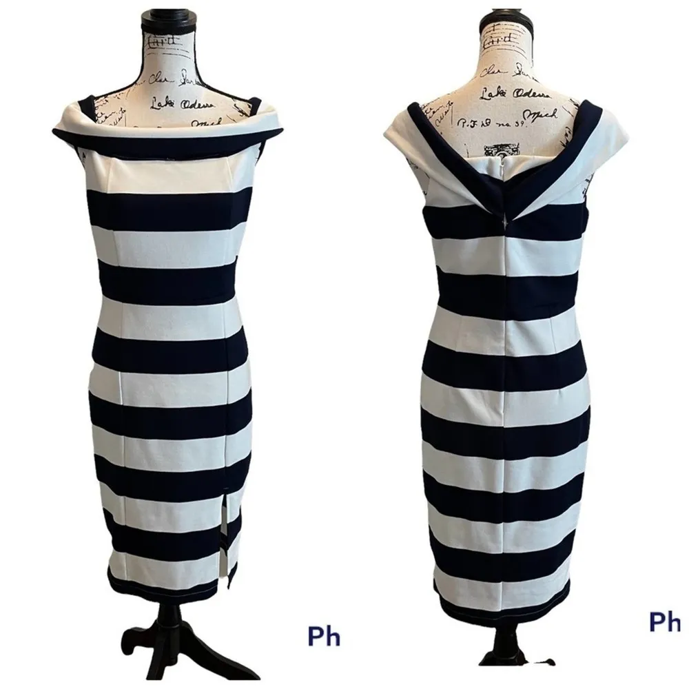 Dance & Marvel Bodycon Off Shoulder Dress Navy Blue White Size Large Stripe - Image 10