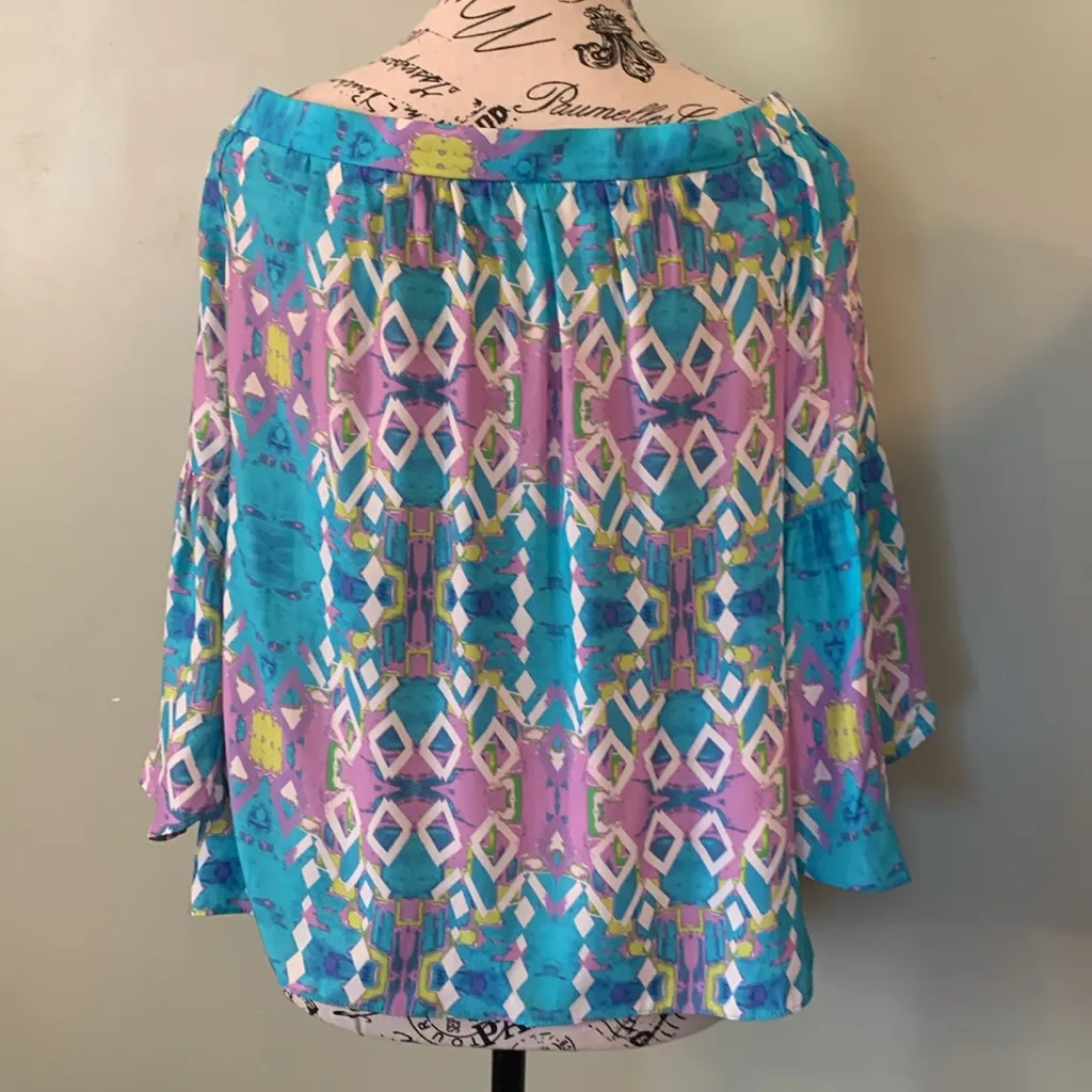Alice & Trixie Blue and Purple Off the Shoulder Silk Blouse Women’s Small - Image 6