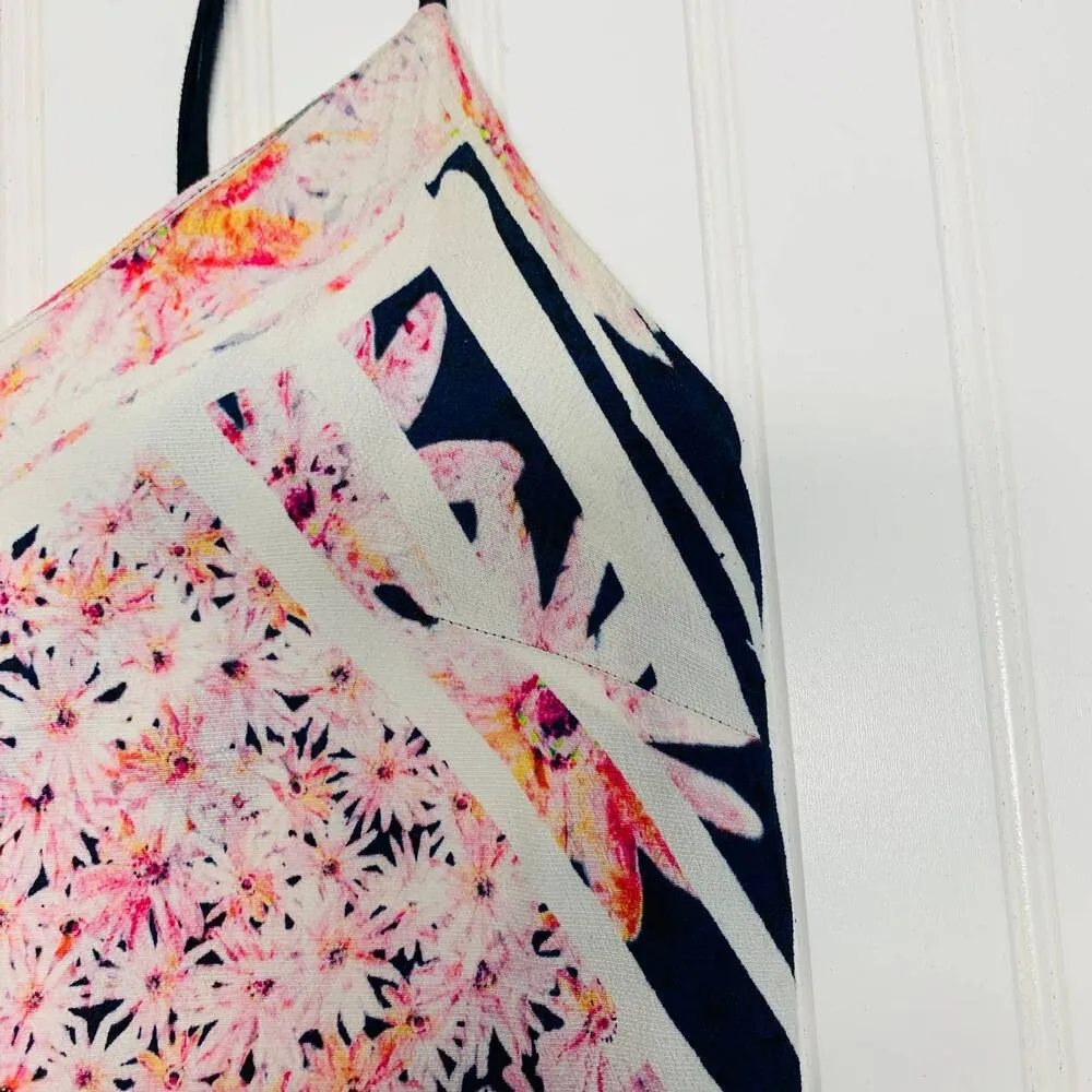 French Connection Floral Pink White Orange w Dark Blue Pleated Trim Sz 2 - Image 4