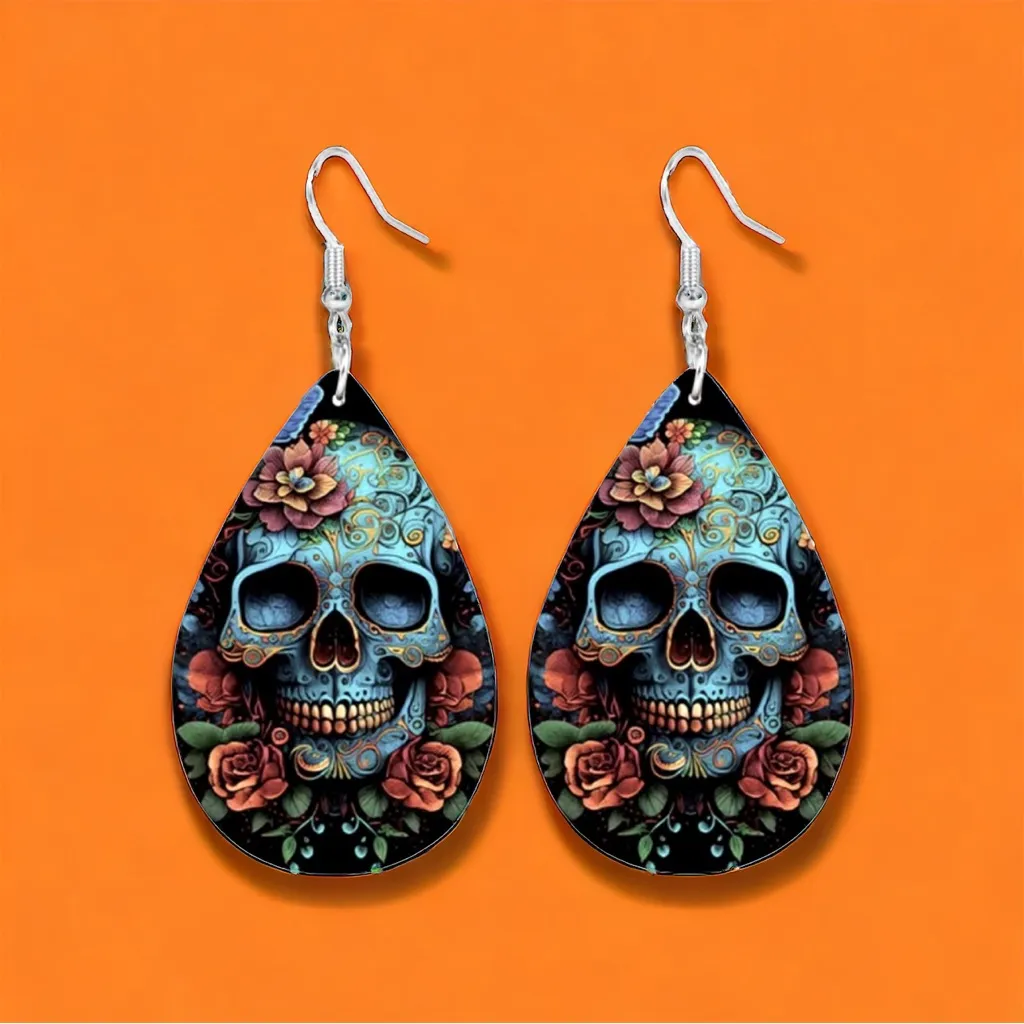 Gorgeous Blue Skull with Flower Print Teardrop Dangle Halloween Earrings Gothic‎ - Image 8