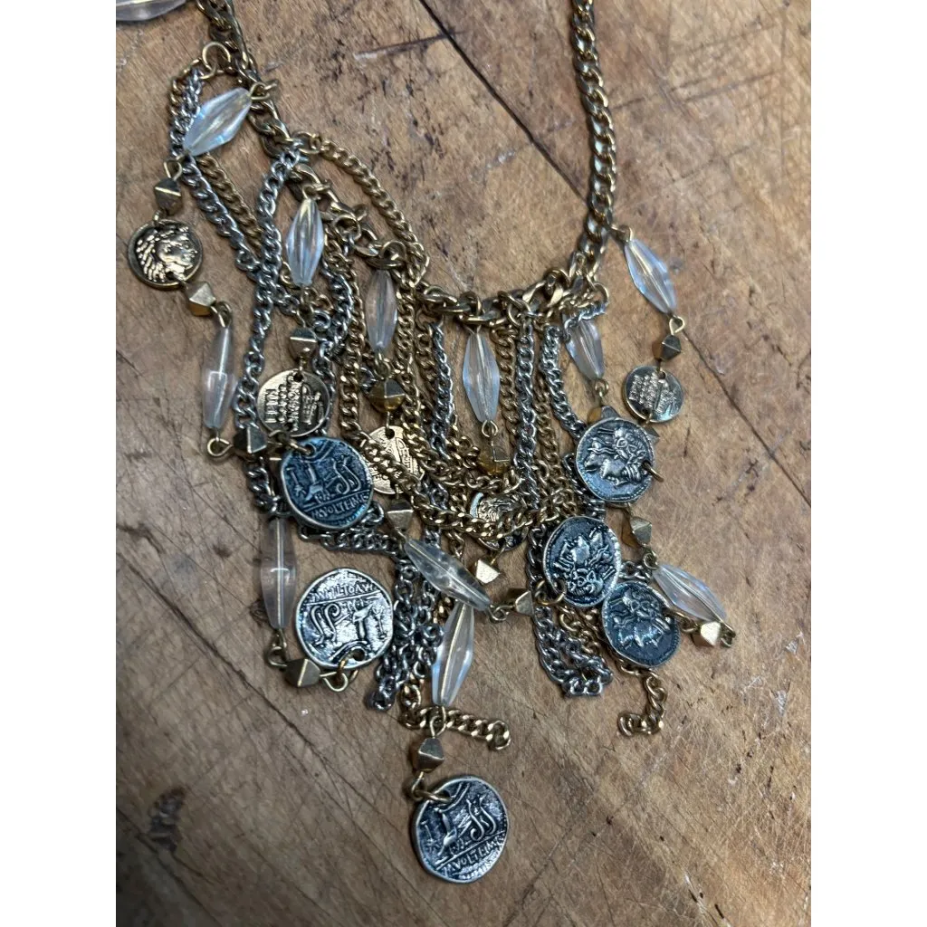 Vintage Gold & Silver Tone Coin Statement Necklace With Clear Beads & Chain Frin - Image 10