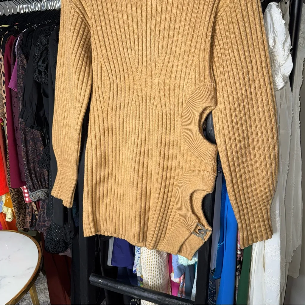 David Koma Camel Side Cutout Ribbed Knit Mini Dress Tan Size M - Image 8