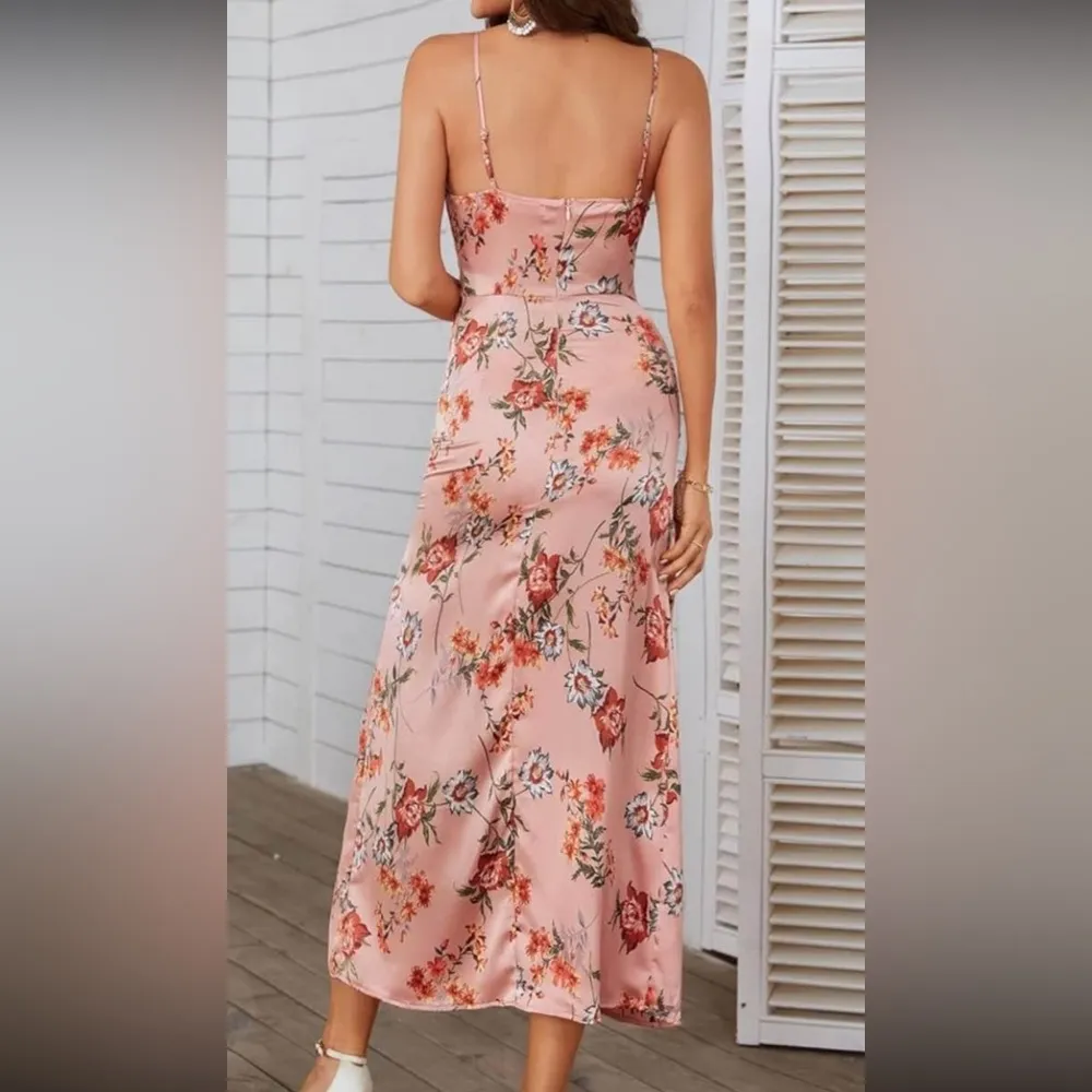 Floral Cowl Neck Dress with Slit Pink Size M - Image 2