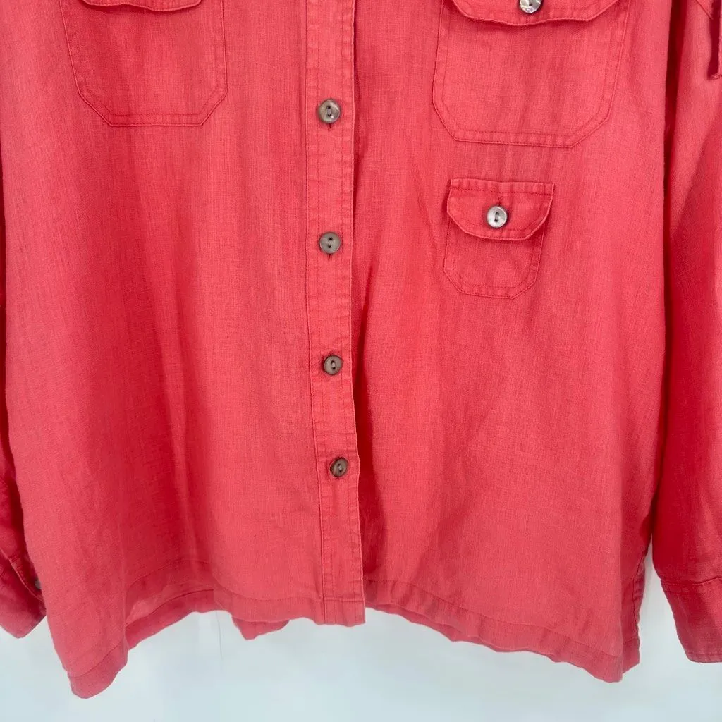Vintage Chico’s 100% Linen Pink Bombay‎ Button Down Shirt Size XL Roll Tab - Image 5