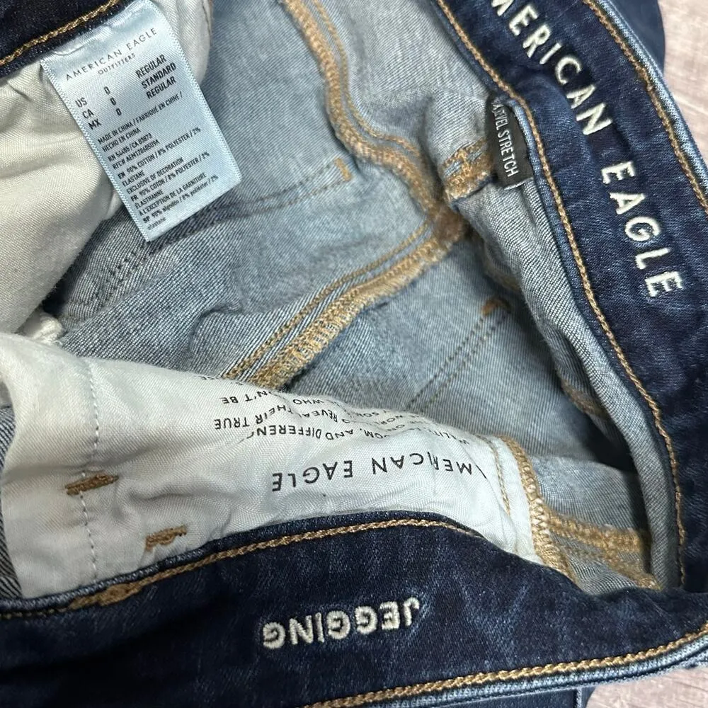 American Eagle AEO Dark Wash Jegging Jeans Womens 0 Reg High Rise Ripped Raw Hem - Image 7