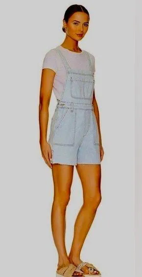 WeWoreWhat Light Wash Denim Slit Hem Raw Edge Overalls Shorts - Size Large - Image 2