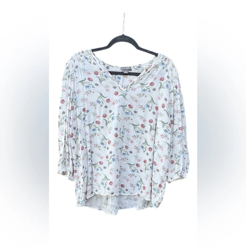 Falls Creek  Women's XL Floral Print V-Neck High Low Top 3/4 Sleeve‎ CottageCore - Image 3