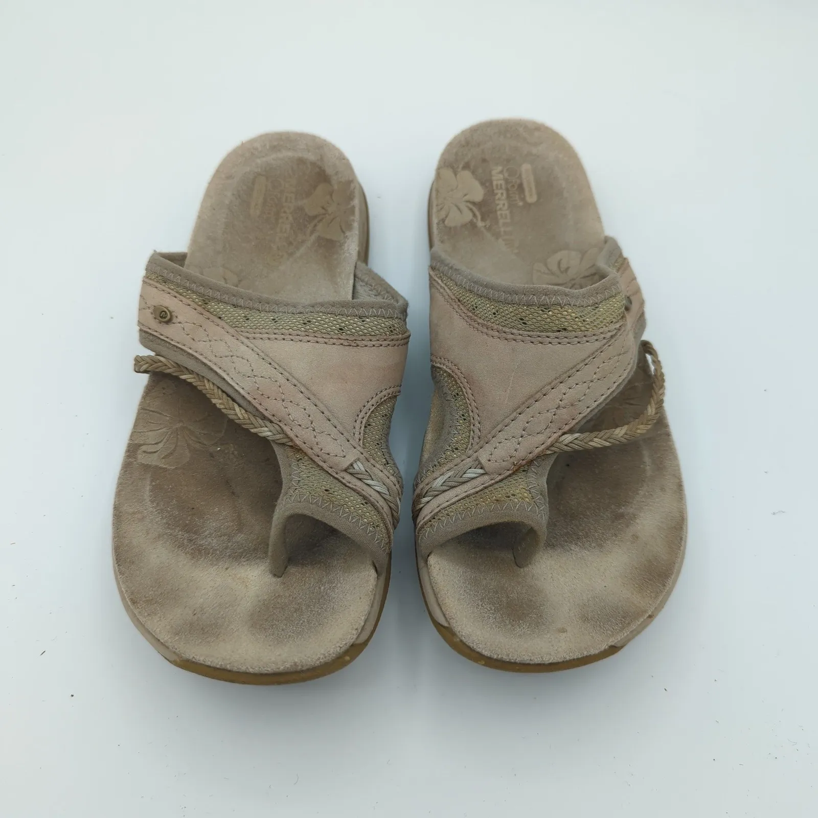 Merrell Hollyleaf Womens Taupe Leather Comfort Thong Sandals Flip Flops Shoes 6 - Image 4