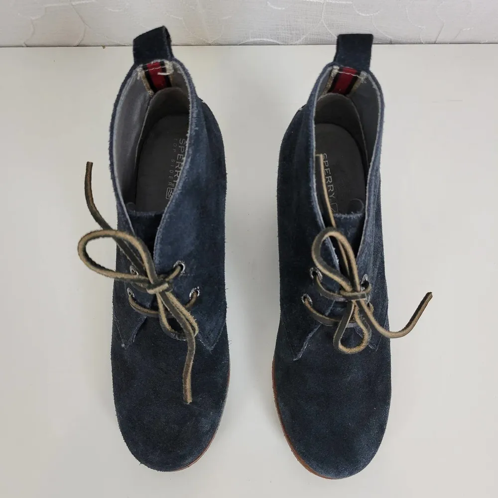 Sperry Womens Boots Size 6.5 Black Suede Round Toe Lace Up Wedge Heels - Image 6