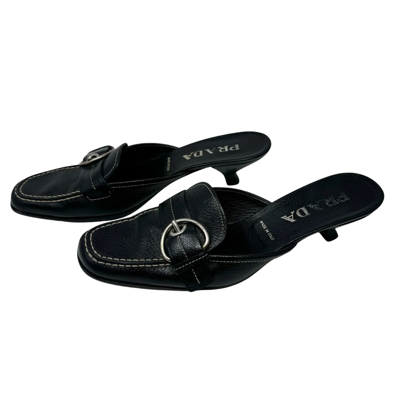 Prada Black Leather Buckle Mule Heels 37.5 Vintage Slip-On Kitten Heel Sandals - Image 9