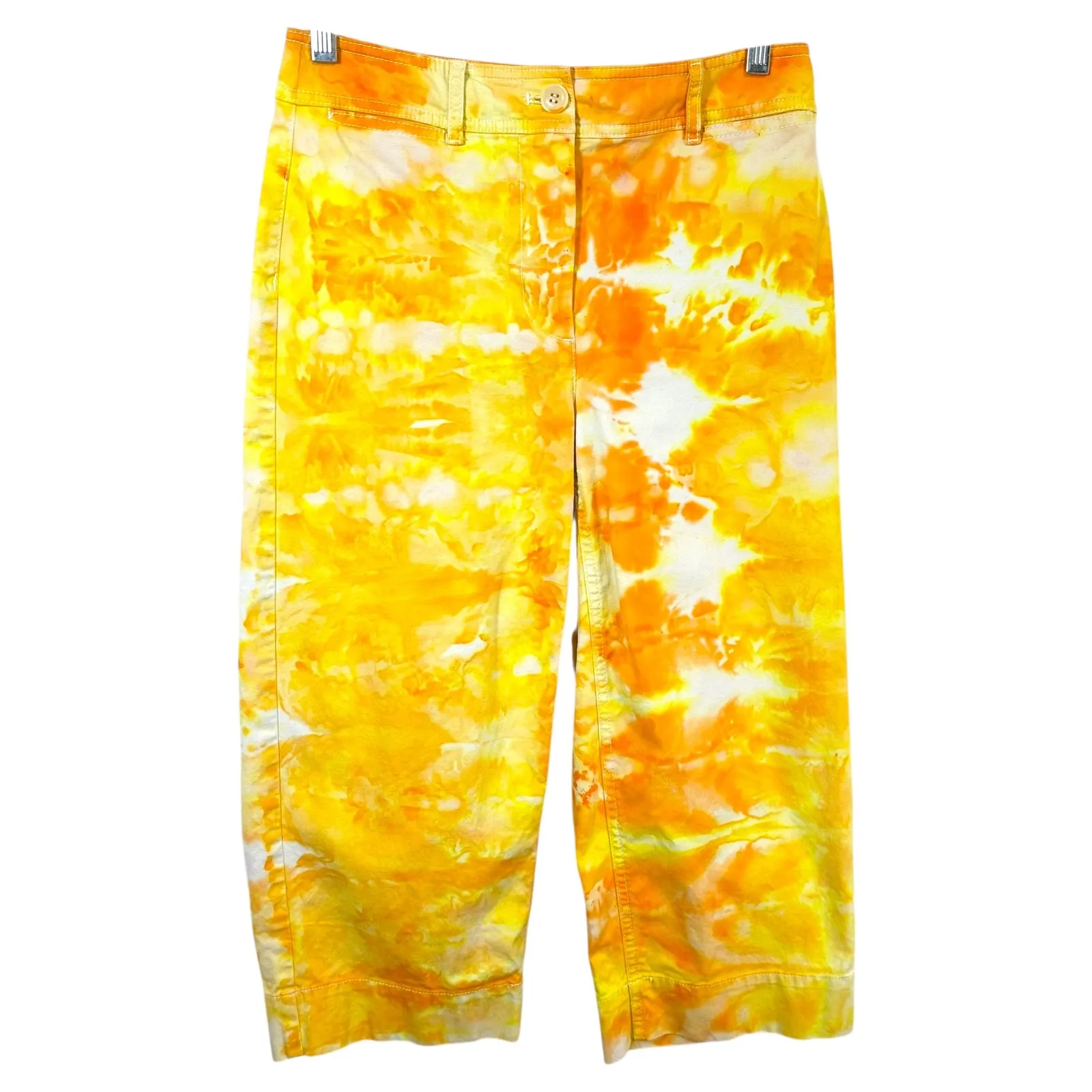 Talbots Size 2P Pants Wide Leg Crop Handmade Tie Dye Chino Yellow‎ Orange 368 - Image 2