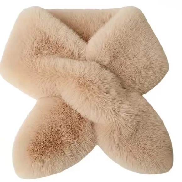 Faux Fur Collar Scarf Elegant Solid Color Soft Warm Plush Cross Scarf Tan - Image 4