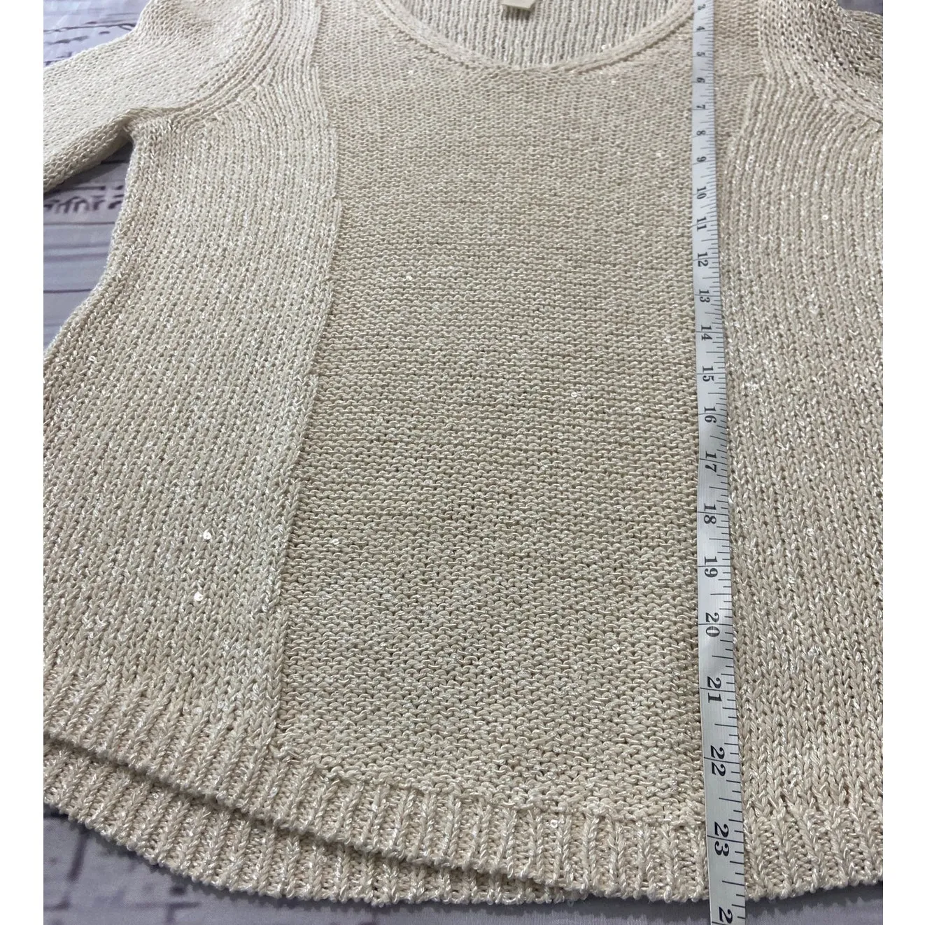 Chicos 0 Sweater Women S Oatmeal Shiny Sequin V Neck Long Slv Chunky Open knit - Image 7