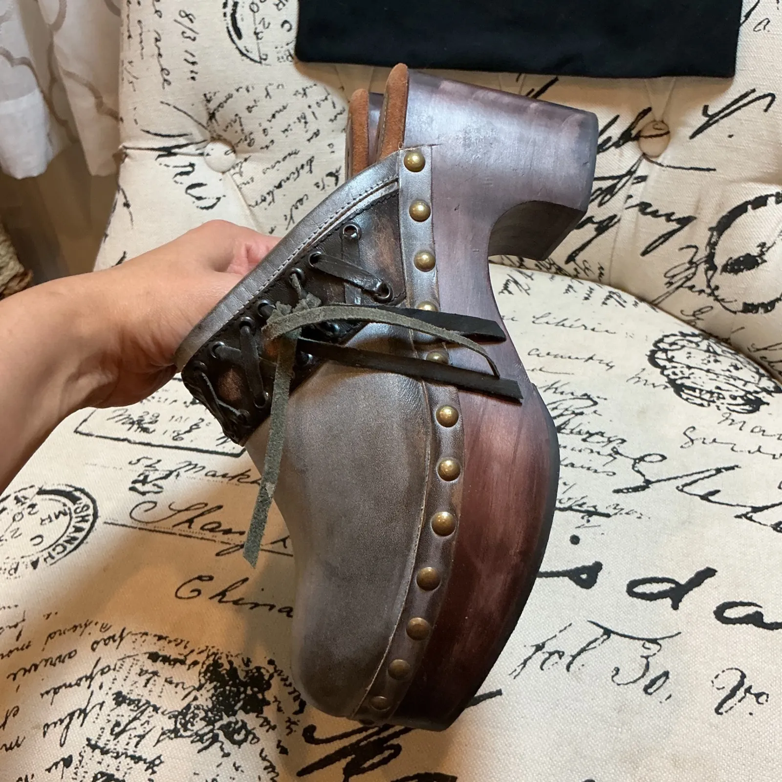 Freebird Woodstock Platform Clogs Wood Heel Leather Lace Up Gray Size 9 - Image 10