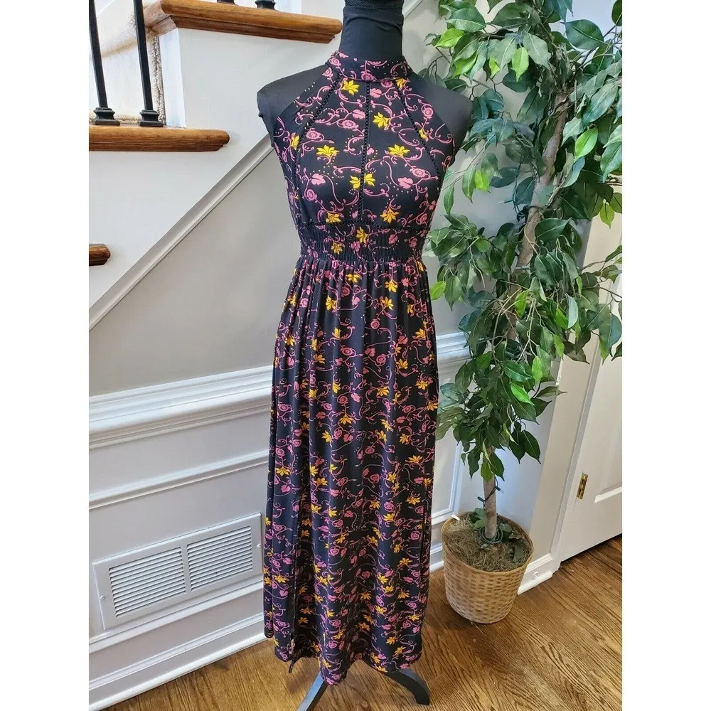 Black Floral Women's Cotton Halter Neck Pleated Sleeveless Long Maxi Dress S - Image 11