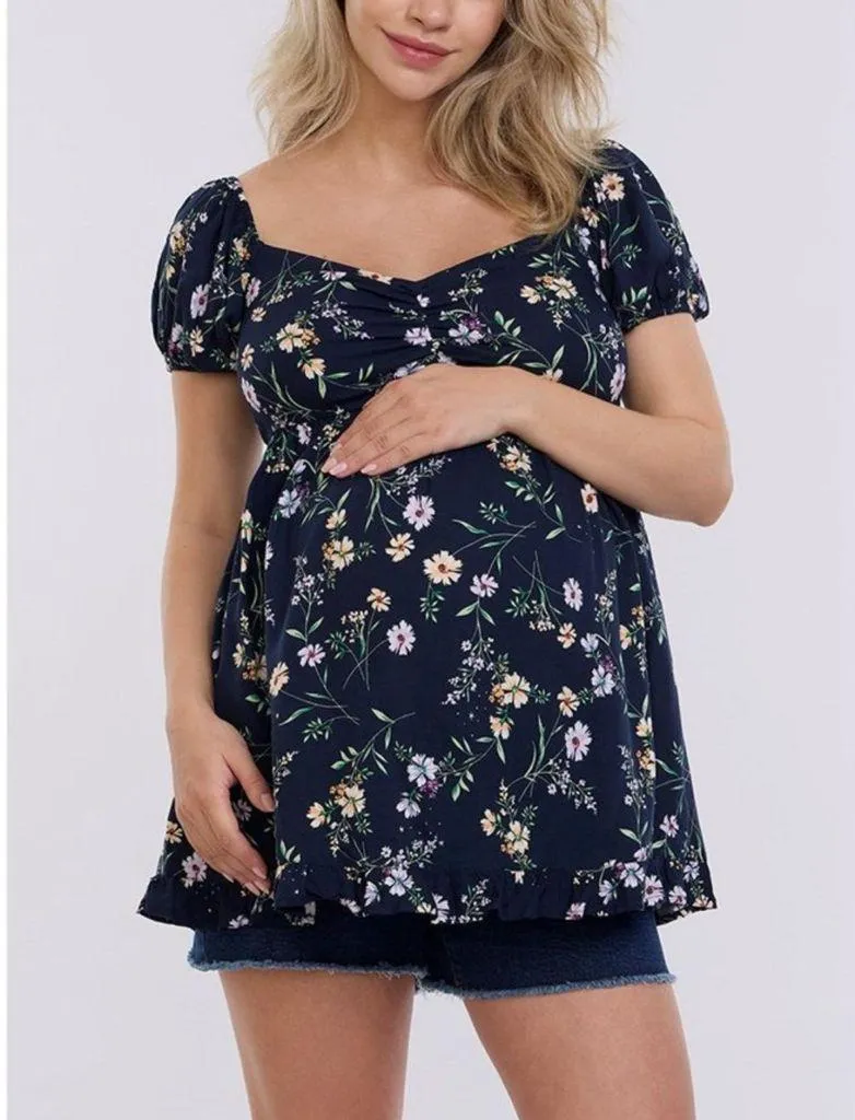 Motherhood Maternity Puff Sleeve Babydoll Top Floral Navy XL - Image 11