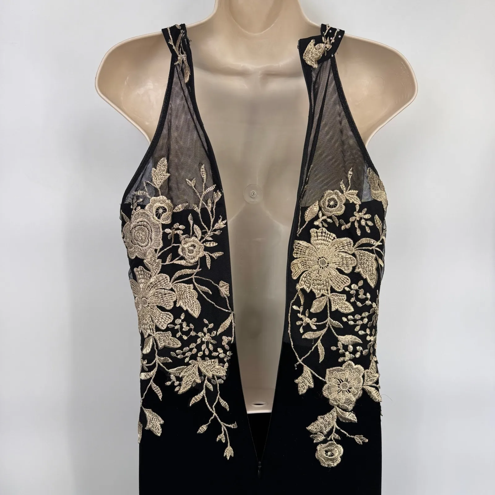 Vintage Y2K Cachet Black‎ Velvet Gold Embroidered Fairy Halter Formal Dress Sz 6 Black - Image 7