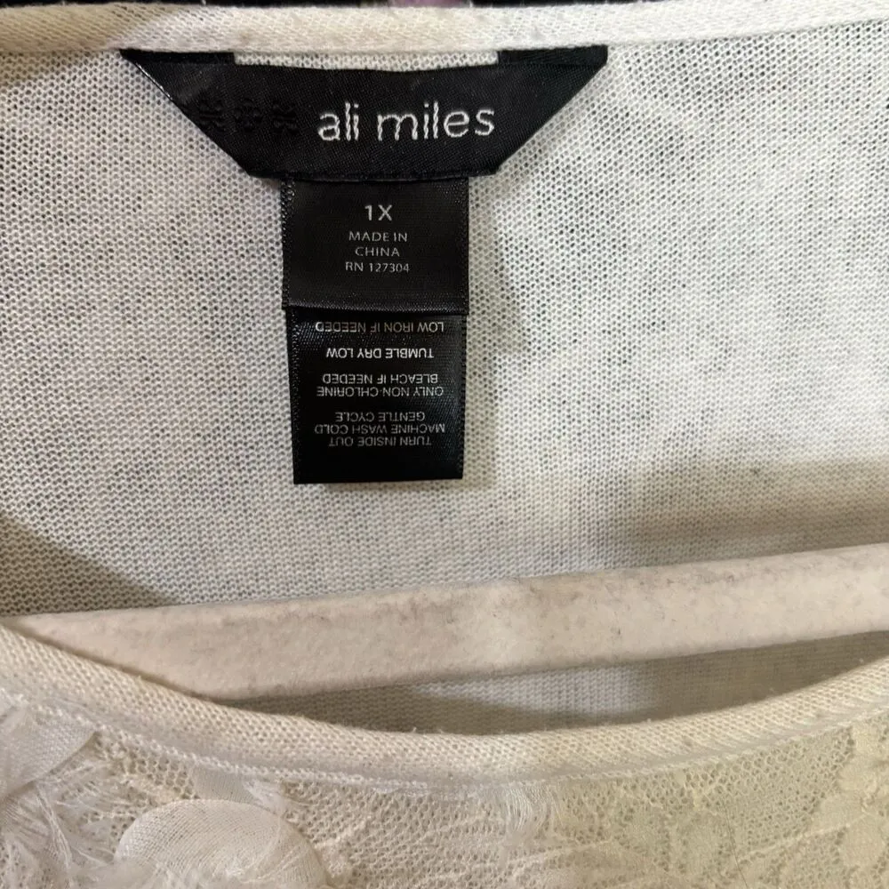 Ali Miles Tunic Top 1X Ivory Lace Floral Overlay Roll Tab Sleeves Artsy Blouse - Image 7