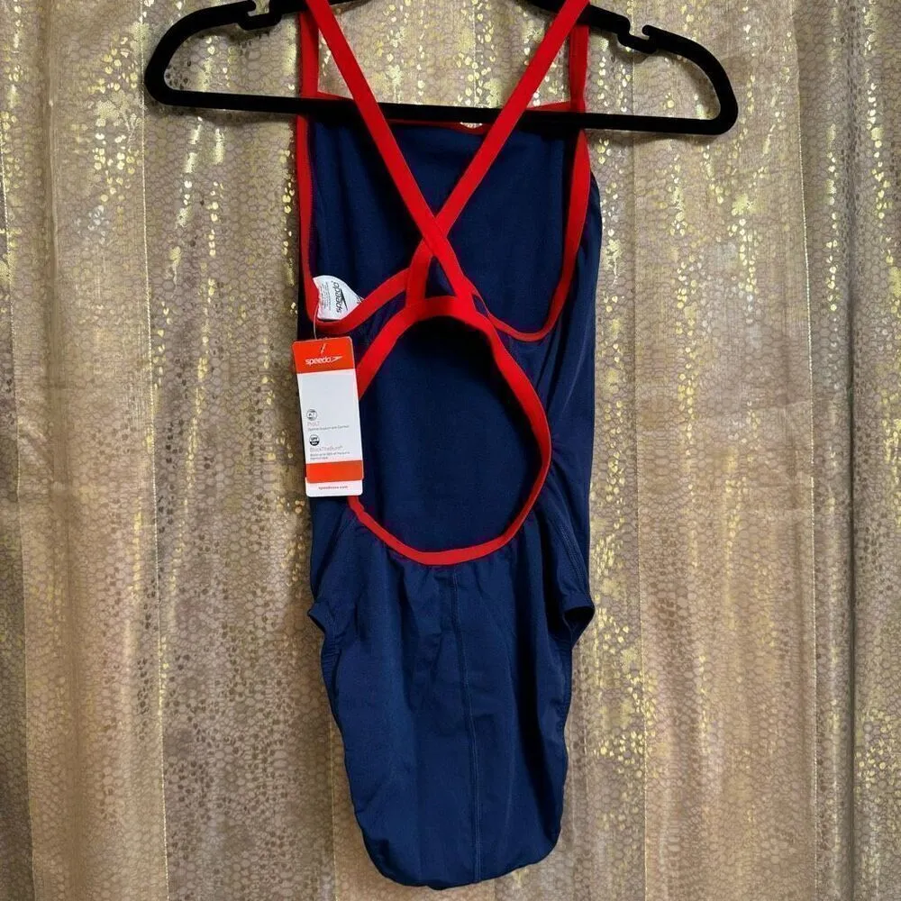 Speedo Navy Blue Red Endurance Thin Strap One Piece Sport Swim 6/32 Med NWT - Image 2