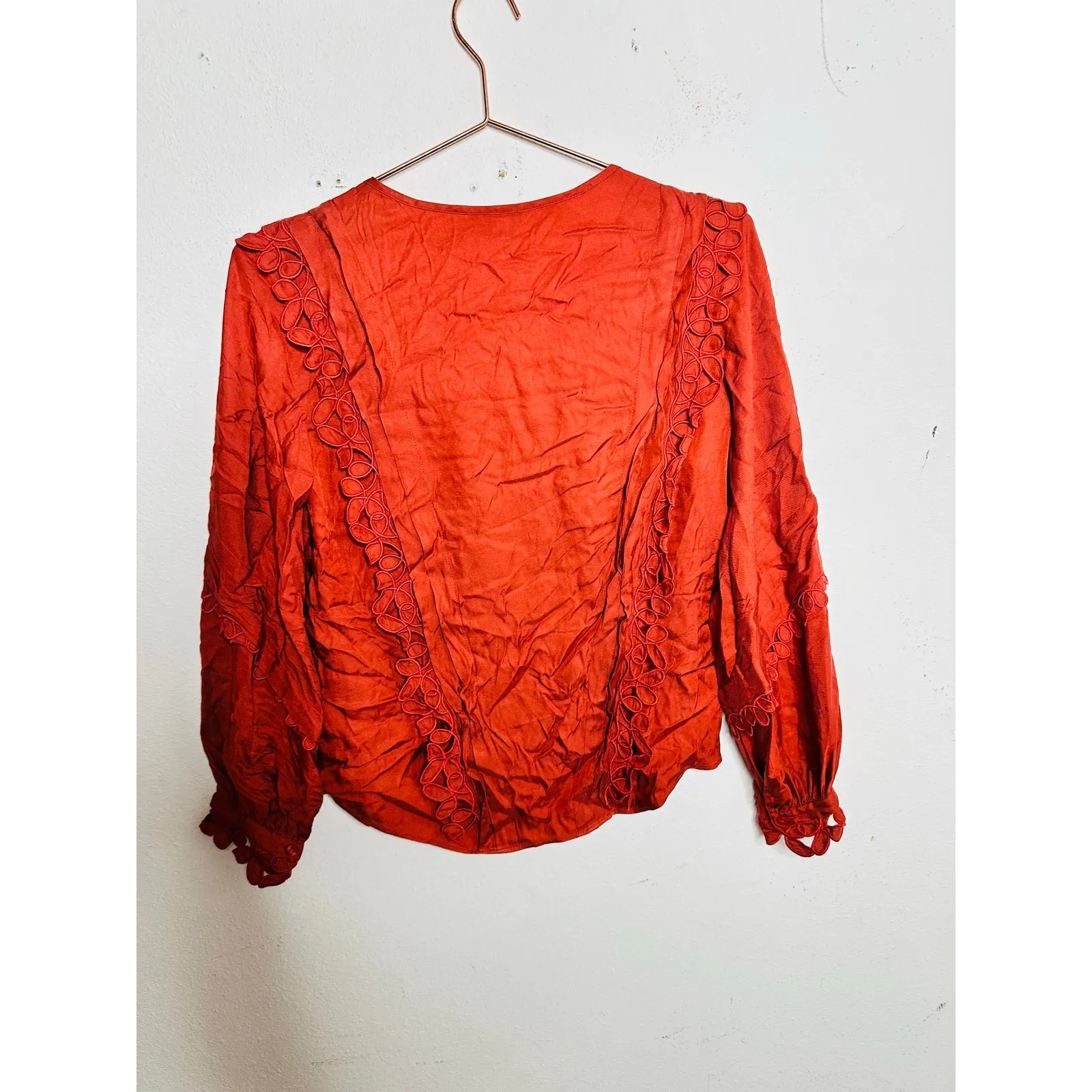 REBECCA TAYLOR Rustic Red Embroidered Silk Blend V-Neck Button Top size 2 - Image 3