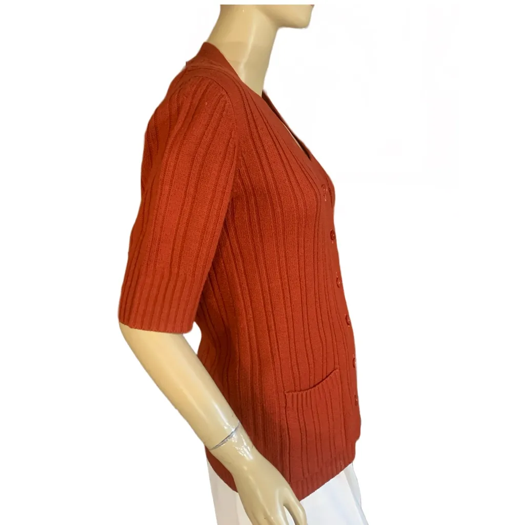 VINTAGE 1970'S BURNT ORANGE GRAND PRIX KNIT "GRANDPA" SHORT SLEEVE CARDIGAN (M) Size M - Image 3