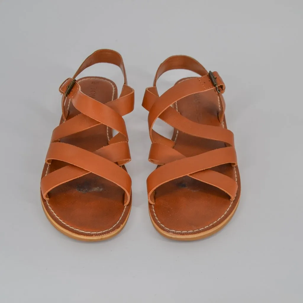 Toms Sicily Flat Sandals Tan Leather Size 7.5 Comfort Strappy Buckle Criss Cross - Image 4