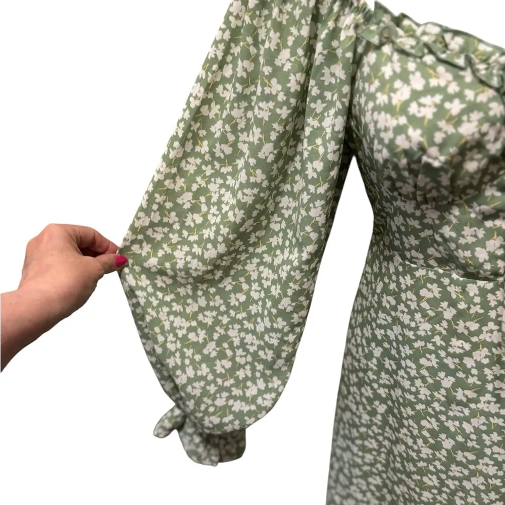 Princess Polly Love Birds Long Sleeve Mini Dress Sz 6 Green Floral Puff Sleeve - Image 3