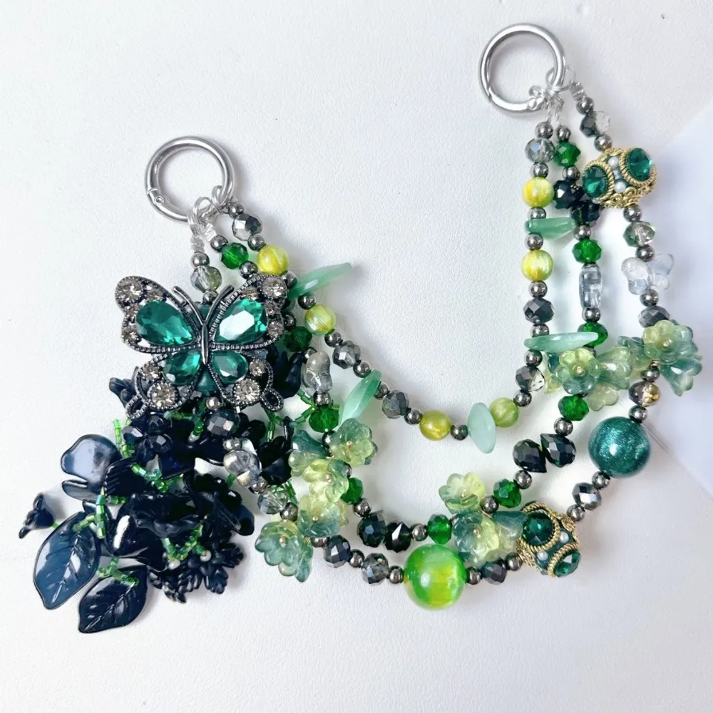 💚🖤Luxury Bag/Phone Chain Charm/Keychain Triple-Layer Flowers Fancy Crystal Beads - Image 7