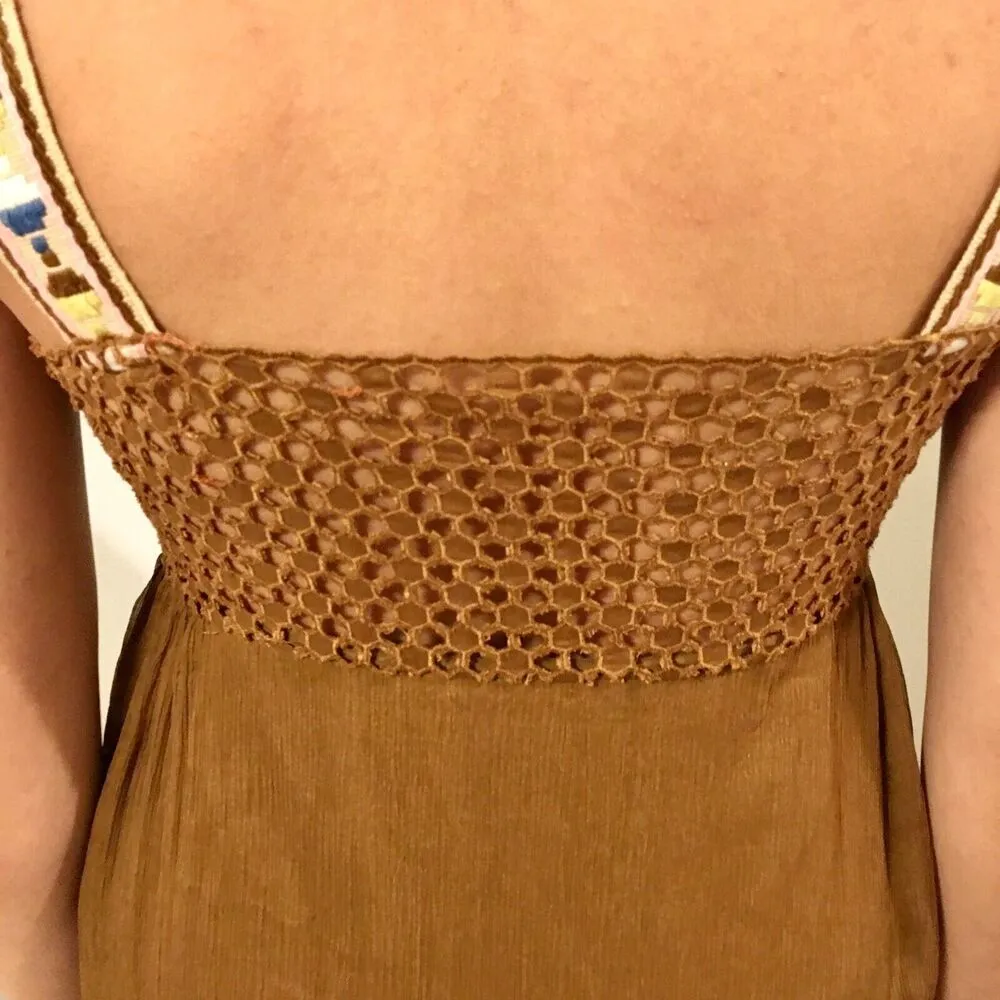 CATHERINE MALANDRINO Brown Silk Embroidered Trim Macrame Pleats Sundress Small 4 - Image 5