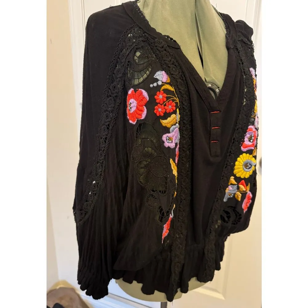Free People Serafina Boho Embroidered Crochet Black Colorful Top Medium - Image 3