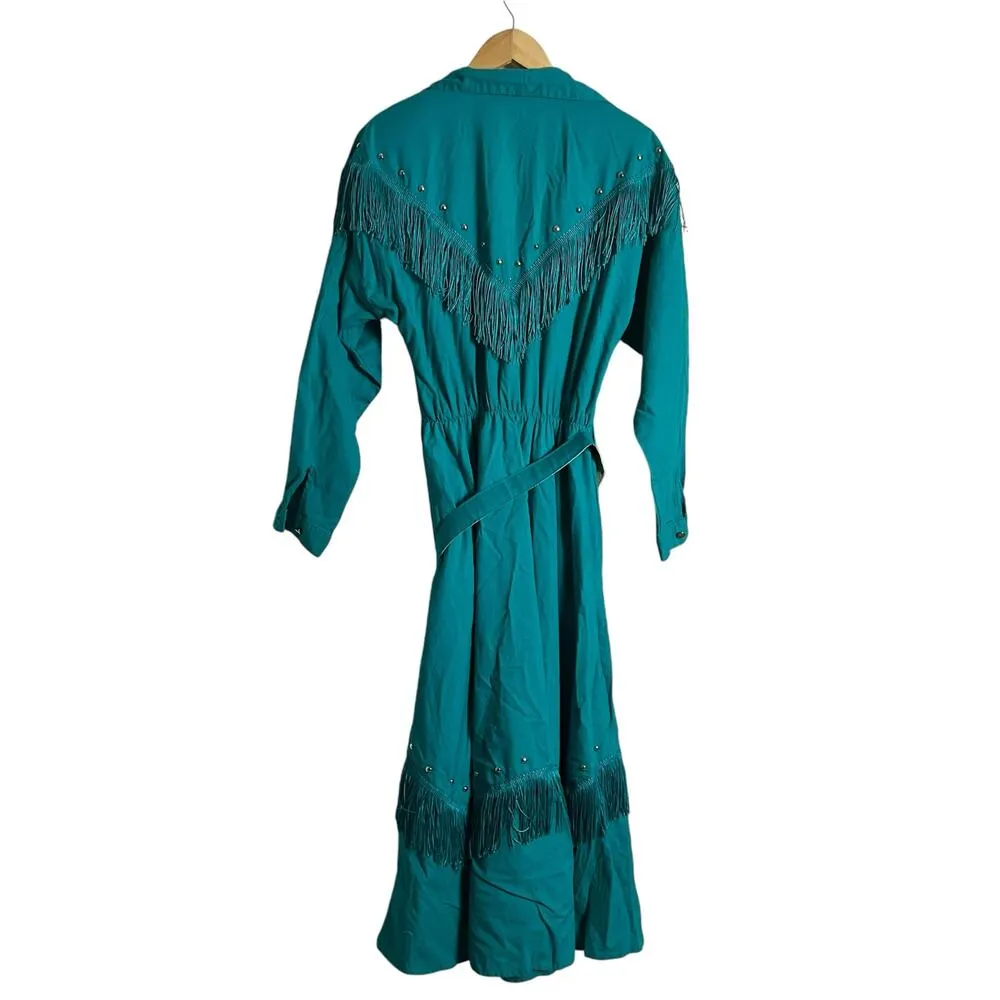 Vintage Teal Blue Western Boho Fringed Studded Long Sleeve Maxi Shirt Dress M Size M - Image 11