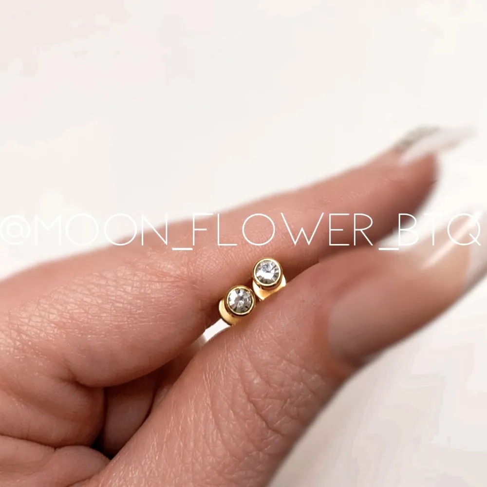 18k Gold Stainless Steel CZ Flat Back Stud Earrings – Hypoallergenic - Image 2