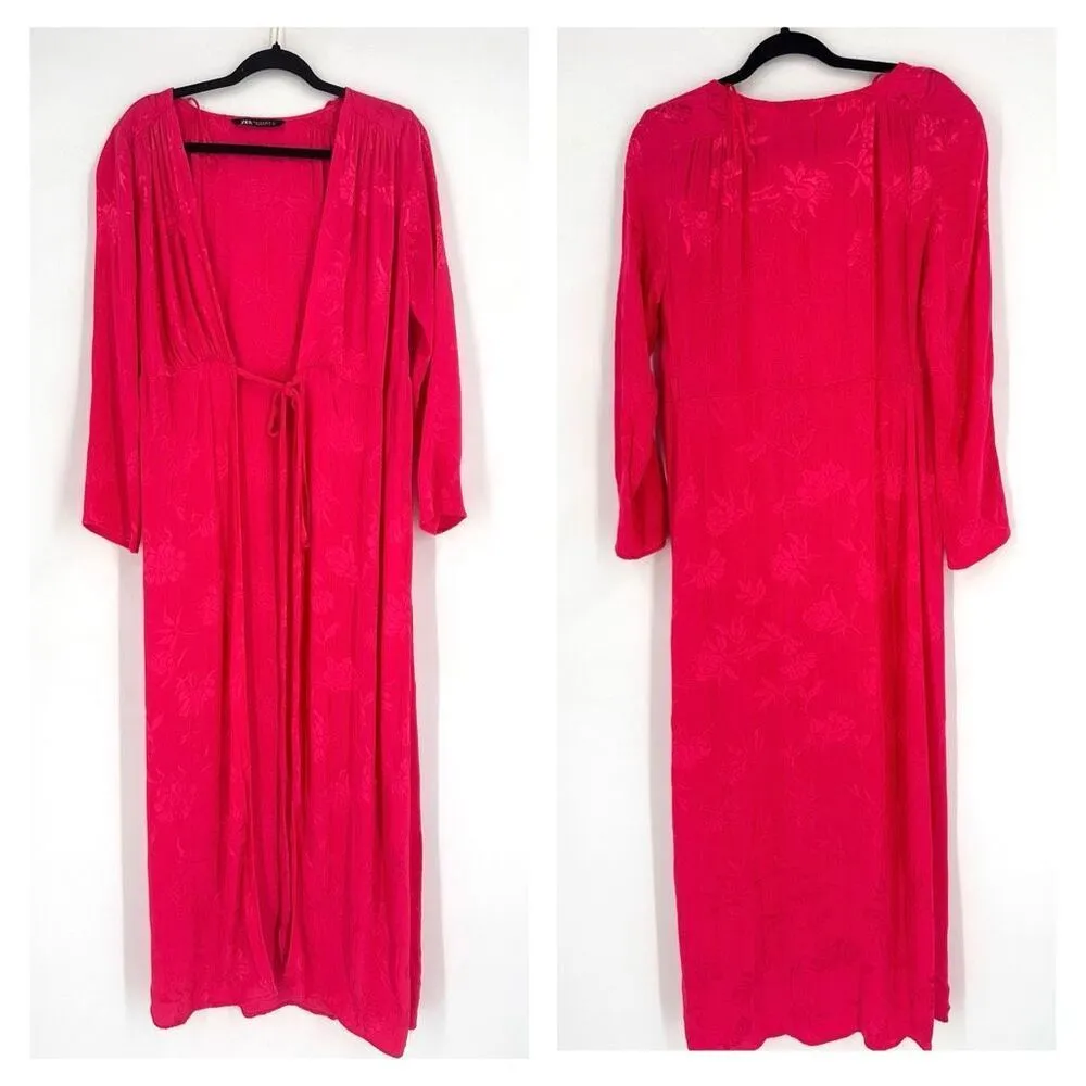 Zara Women's Floral Jacquard Long Sleeve Tie Waist Long Wrap Dress Fuchsia Sz XS - Image 3