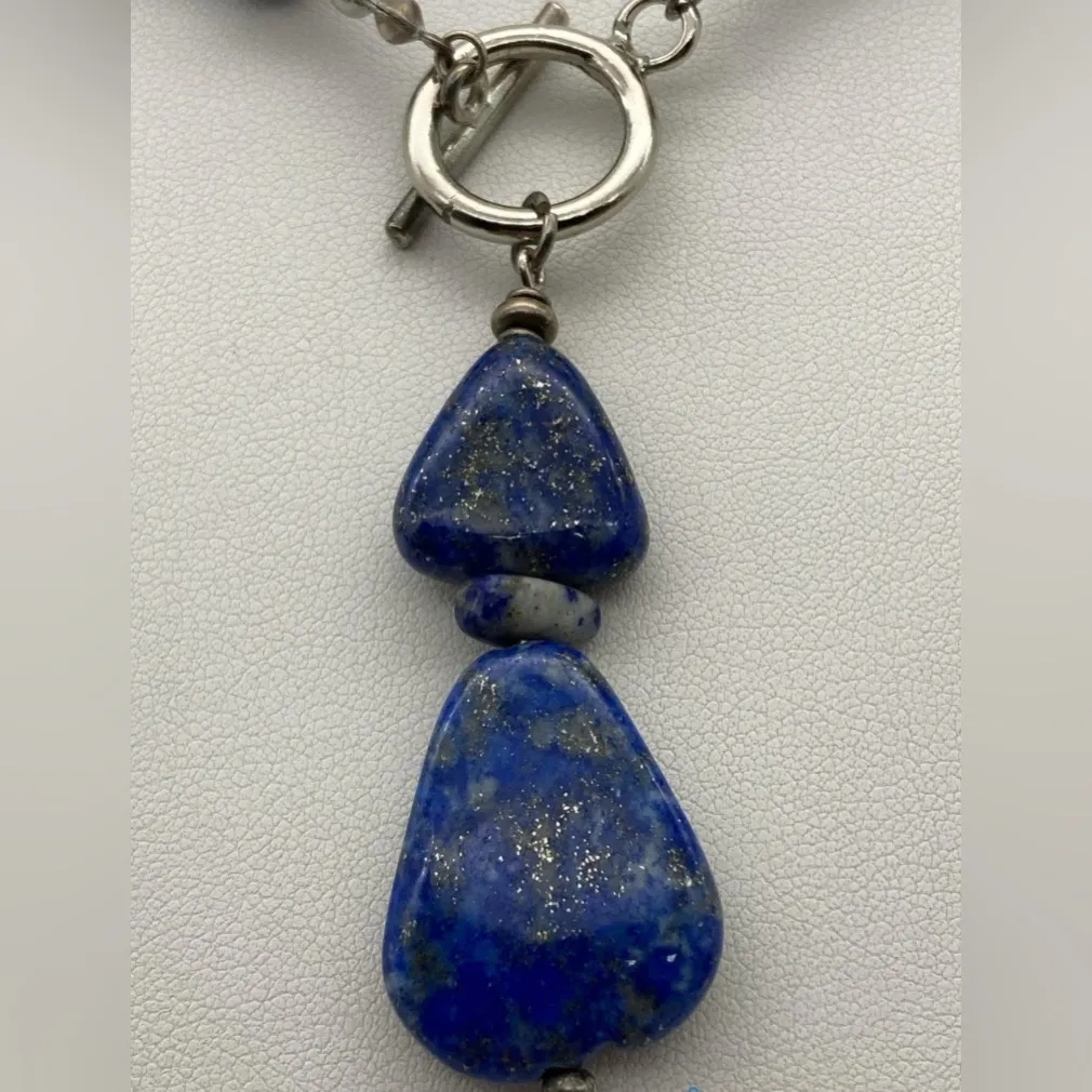 Vintage Silver Lapis Lazuli Beaded Lariat Pendant Necklace Blue - Image 5