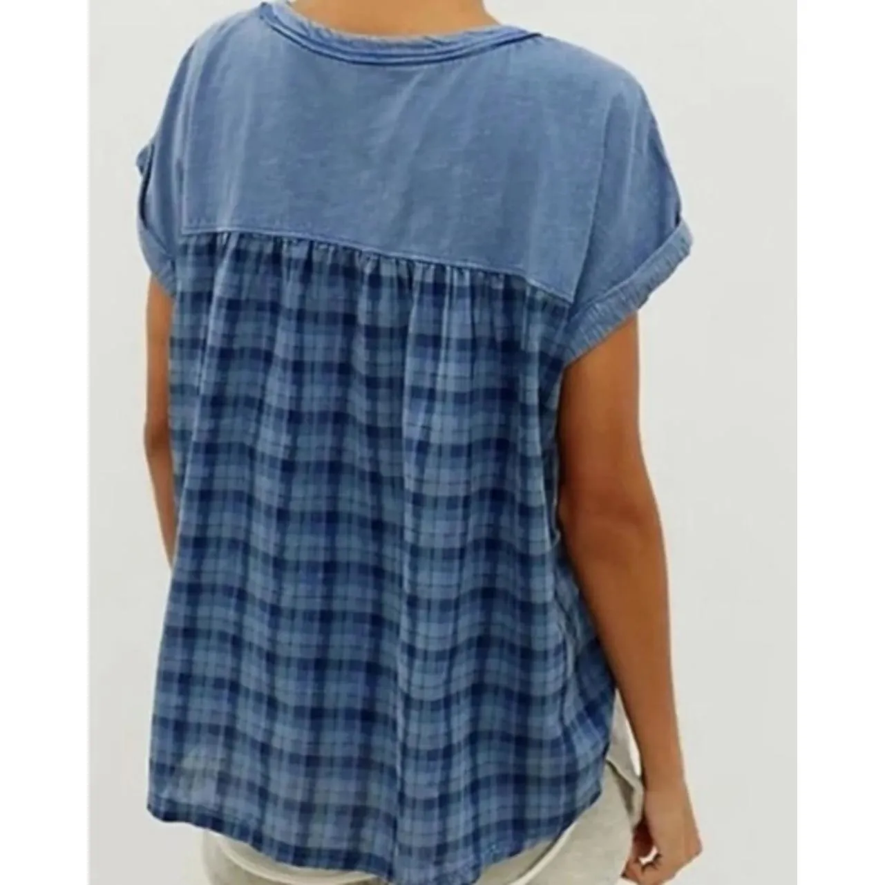Pilcro Blue Mixed Media Blue Plaid Short Sleeve Cuffed T-Shirt - Size - Small - Image 2