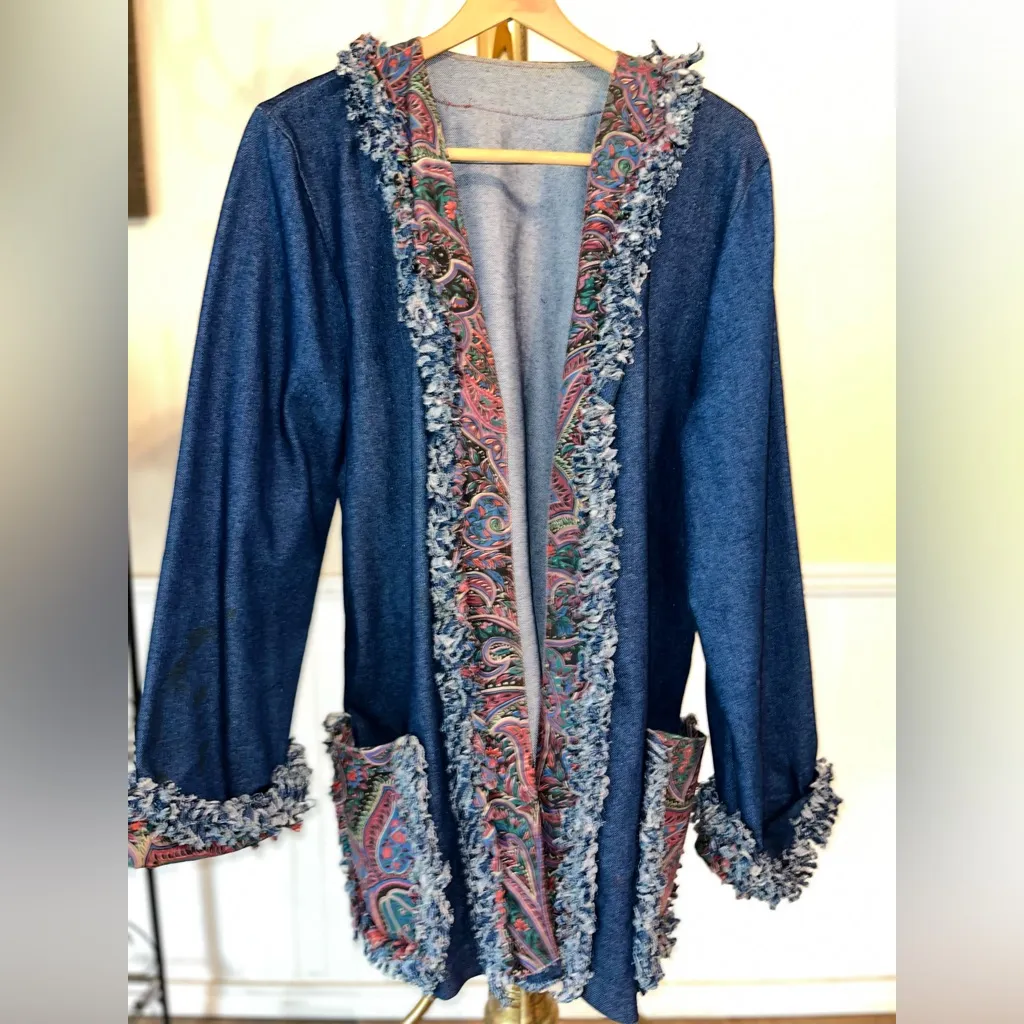 80s Handmade Vintage Denim Blue Paisley Trim Women's Open Jacket Jean Jacket Size L - Image 5