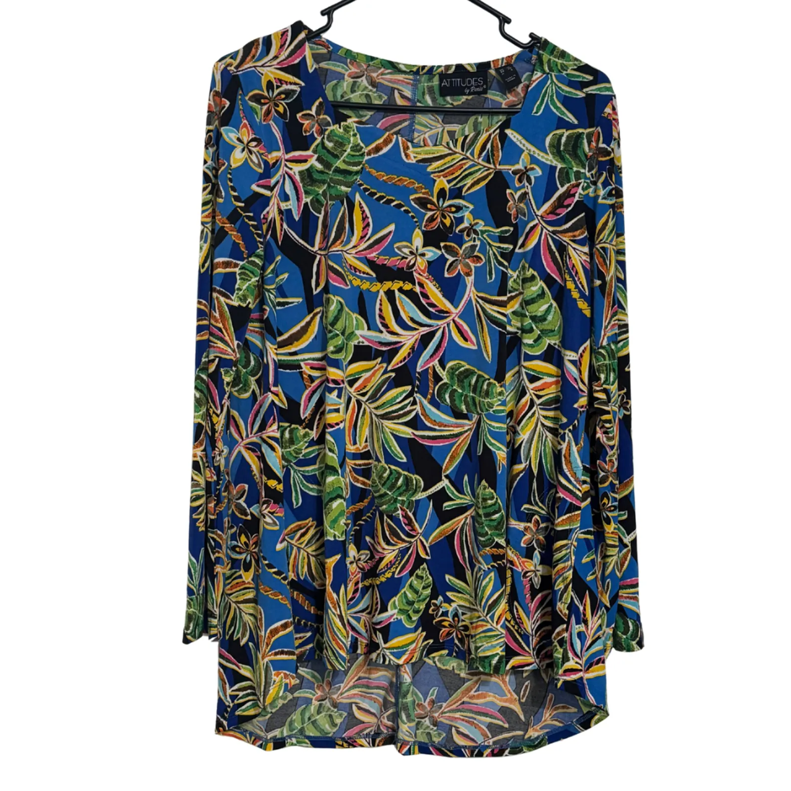 ATTITUDES BY RENEE Tropical Print Knit Swing Tunic Long Sleeve High Low NWT XS Black - Image 2