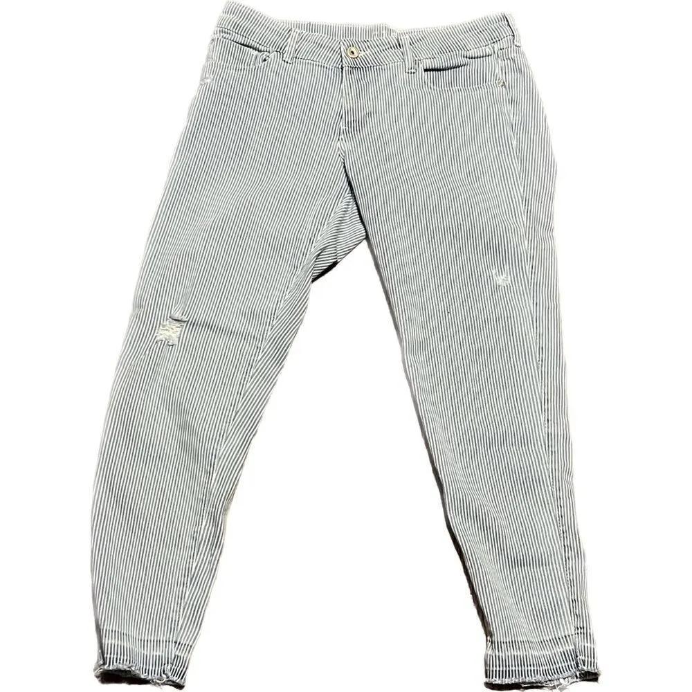 Zara, basic denim, women’s‎ size 6, striped, cropped ankle, frayed jeans - Image 2