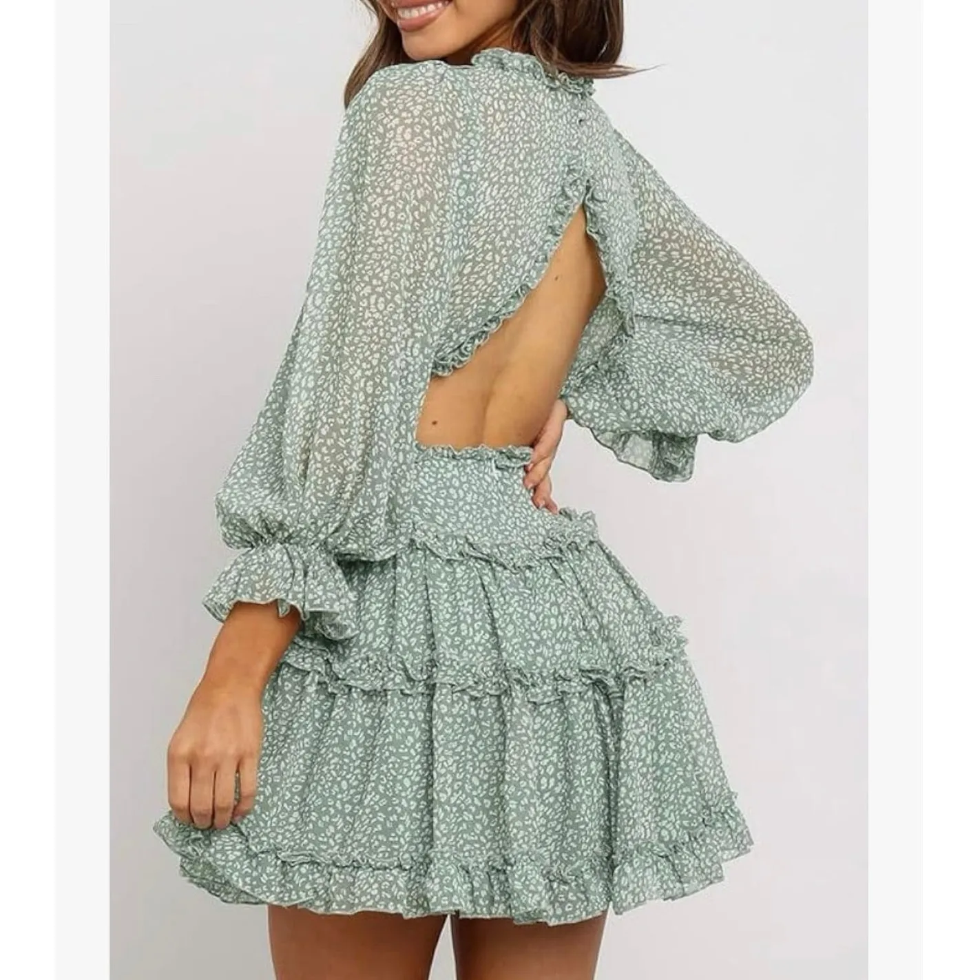 Floral Deep V Neck Ruffle Tiered Mini Dress Womens Green Long Sleeve Open Back - Image 4