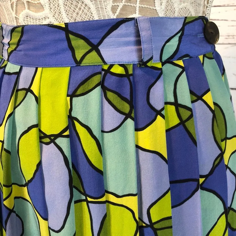 Vintage K•I•K•I•T Maurice Sasson Silk Abstract Print Skirt yellow & blue size 10 Purple - Image 8