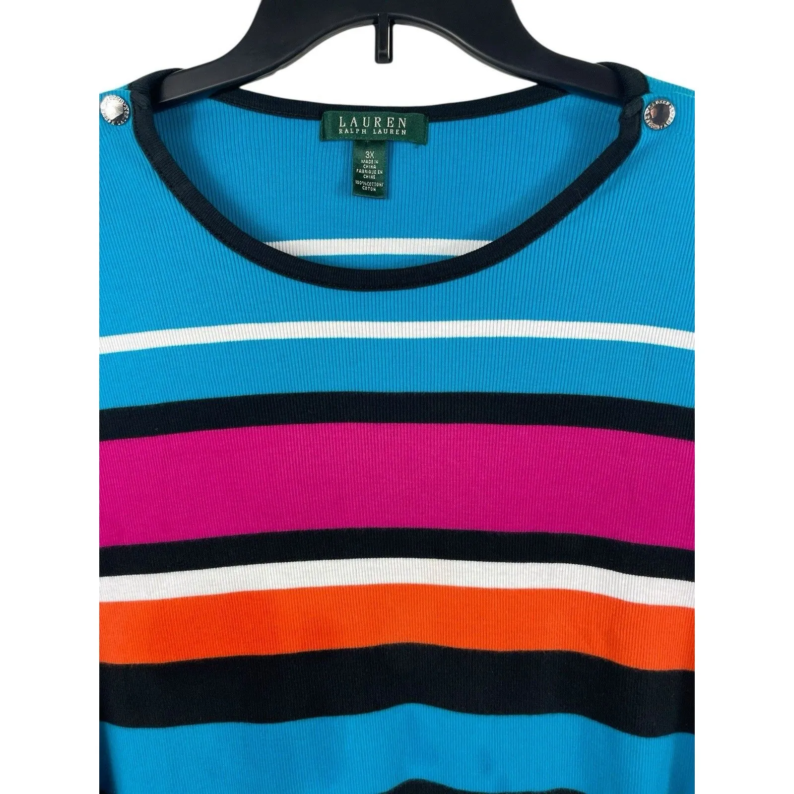 Lauren Ralph Lauren Women’s 3X Stripe Cotton Ribbed Knit Top Button Shoulder - Image 4