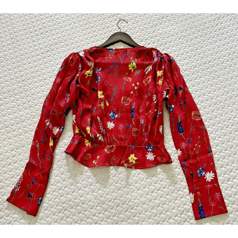 NWOT The Kooples Pleated Red Floral Cropped Top Blouse Size 1 Long Sleeve - Image 9