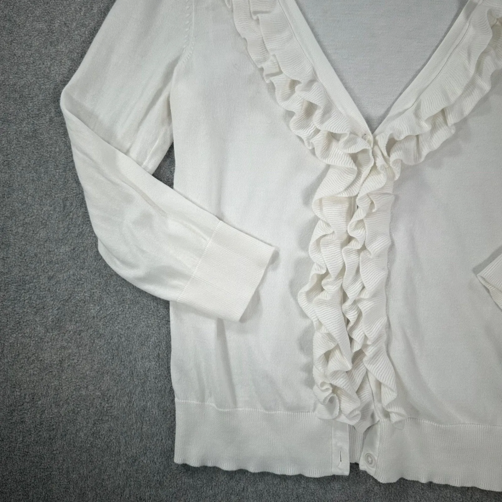 Talbots Button Down Ruffle Knit Cardigan Sweater Size X-Small White Pima Cotton - Image 3