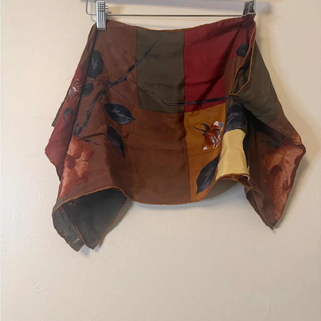 Halston Silk Scarf Vintage 1980’s Abstract Patchwork Floral Print Italy Red - Image 2