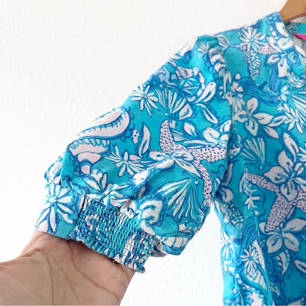 Lilly Pulitzer Maleigh Elbow Sleeve Linen Top in Amalfi Blue - Image 4