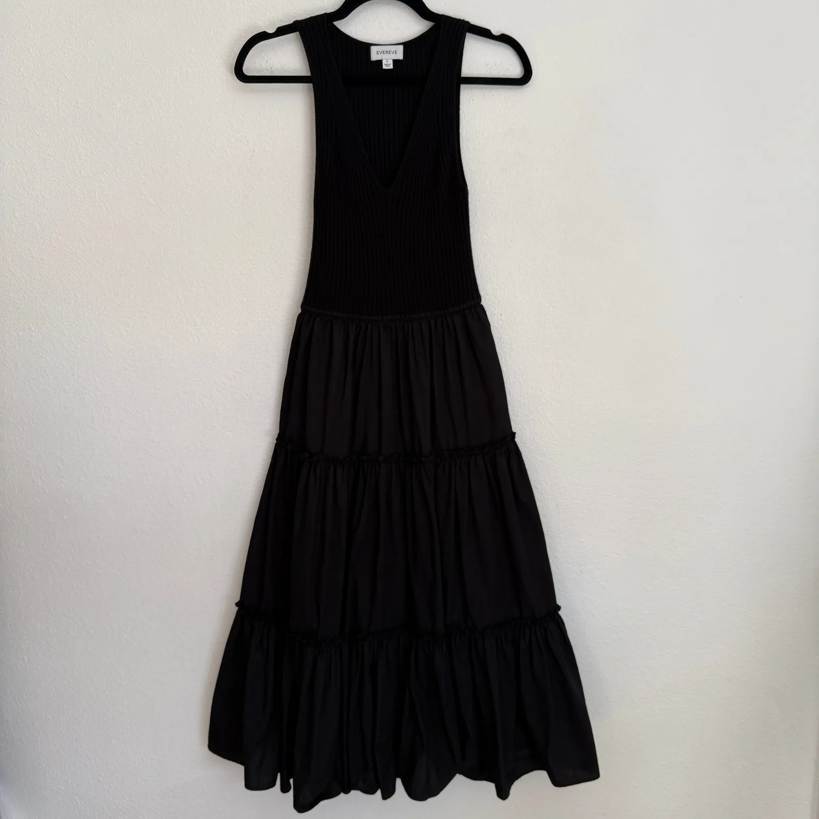 Evereve Sz S Araya Mixed Media Midi Dress Black Pocket Tiered Ribbed Knit Cotton - Image 3