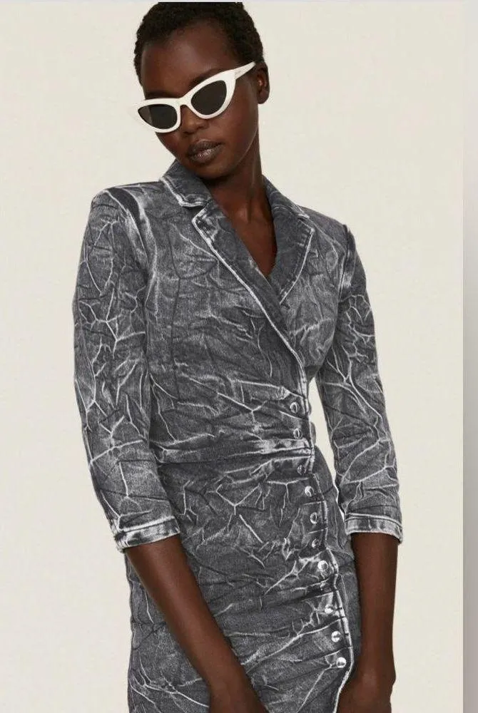 Retrofete Willa Acid Wash Mini Dress Long Sleeve Grey Faded Black Denim Sz Large - Image 4